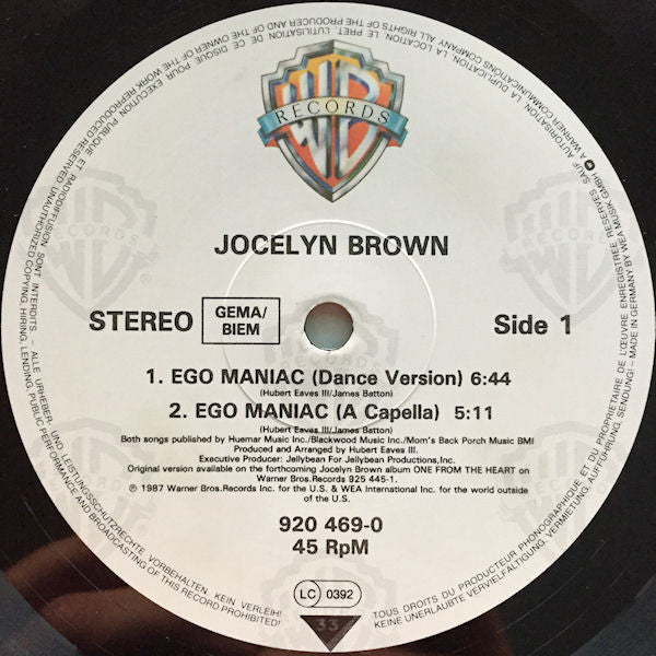 Jocelyn Brown - Ego Maniac (Vinyl, 12", Maxi-Single, 45 RPM) Very Good Plus (VG+) / Very Good (VG)