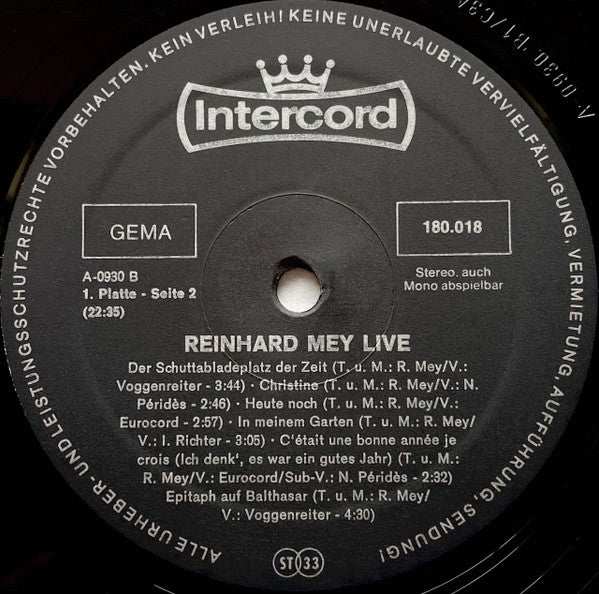 Reinhard Mey - Live (2xVinyl, LP, Album) Very Good Plus (VG+) / Very Good (VG)