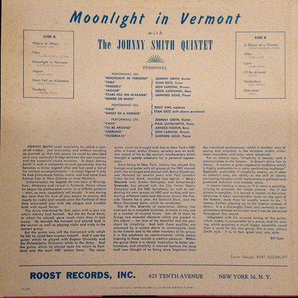 Johnny Smith Quintet - Moonlight In Vermont (Vinyl, LP, Album, Reissue, Mono) Very Good Plus (VG+) / Good Plus (G+)