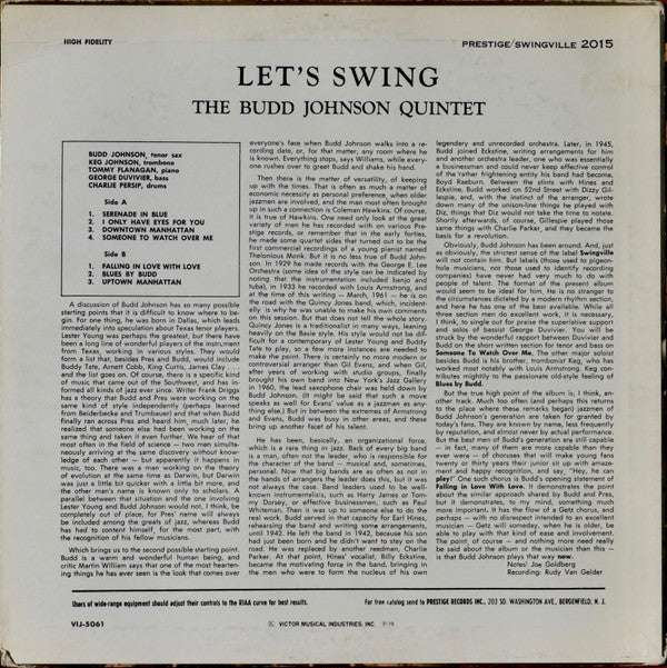 The Budd Johnson Quintet - Let's Swing (Vinyl, LP, Album, Reissue, Stereo) Very Good Plus (VG+) / Very Good (VG)
