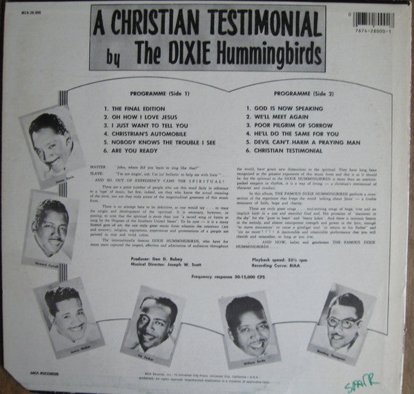 The Dixie Hummingbirds - A Christian Testimonial (Vinyl, LP, Album, Reissue) Very Good Plus (VG+) / Very Good (VG)