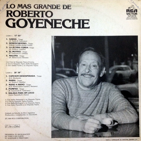 Roberto Goyeneche - Lo Más Grande De Roberto Goyeneche (Vinyl, LP, Compilation, Stereo) Very Good Plus (VG+) / Good Plus (G+)