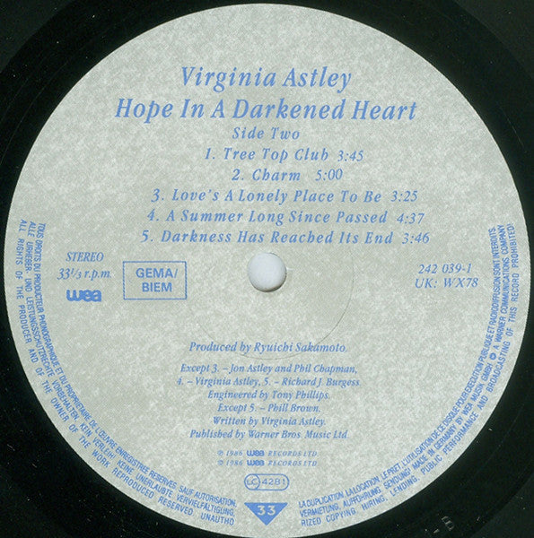 Virginia Astley - Hope In A Darkened Heart (Vinyl, LP, Album, Stereo) Very Good Plus (VG+) / Near Mint (NM or M-)