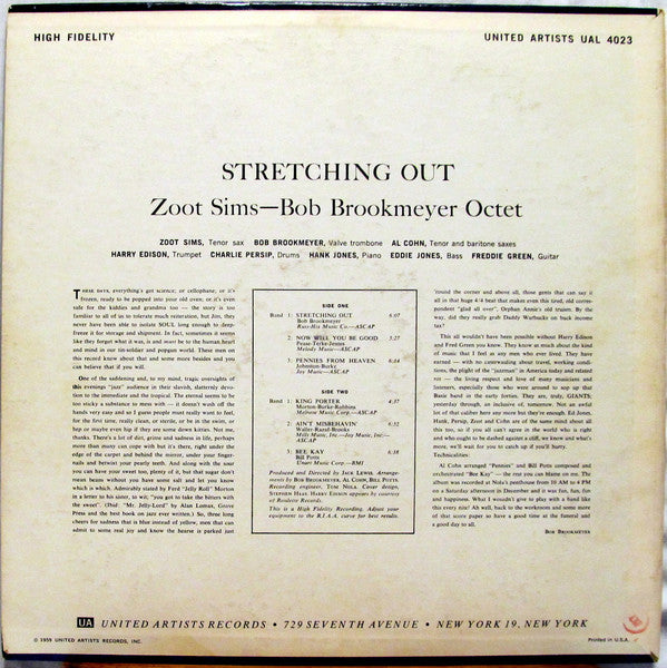 Zoot Sims - Bob Brookmeyer Octet - Stretching Out (Vinyl, LP, Album, Mono) Very Good (VG) / Very Good Plus (VG+)