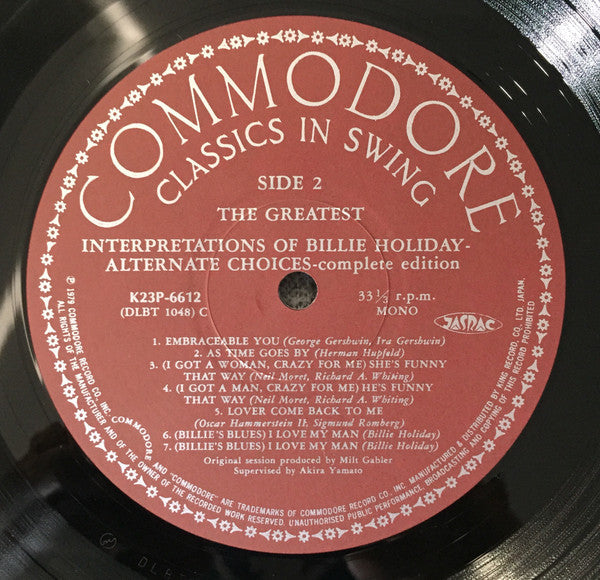 Billie Holiday - The Greatest Interpretations Of Billie Holiday - Alternate Choices - complete edition (Vinyl, LP, Compilation, Reissue, Mono) Very Good Plus (VG+) / Very Good Plus (VG+)