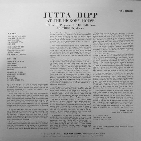 Jutta Hipp - At The Hickory House Volume 1 (Vinyl, LP, Album, Limited Edition, Reissue, Mono) Very Good (VG) / Very Good (VG)