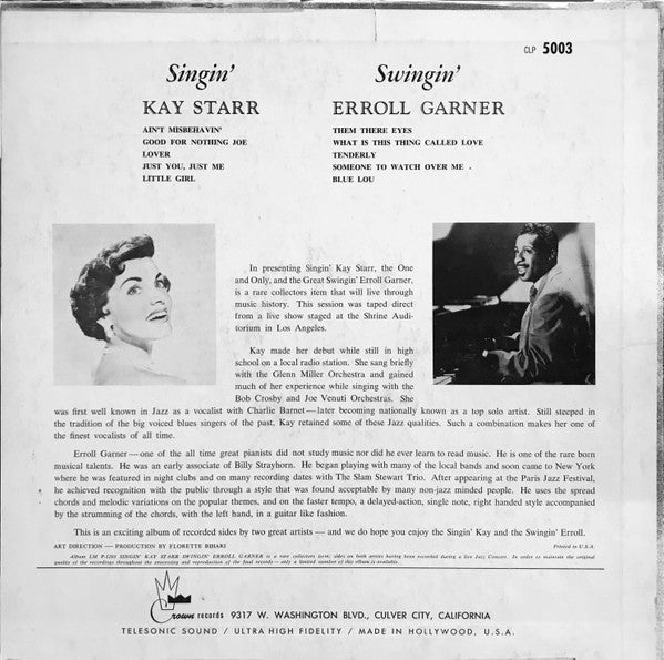 Kay Starr - Singin' Swingin' (Vinyl, LP, Album, Mono) Very Good Plus (VG+) / Fair (F)