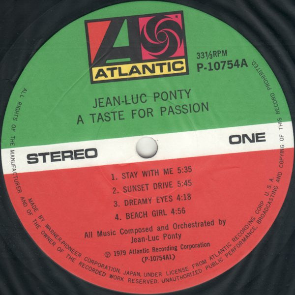 Jean-Luc Ponty - A Taste For Passion (Vinyl, LP, Album) Very Good (VG) / Very Good (VG)