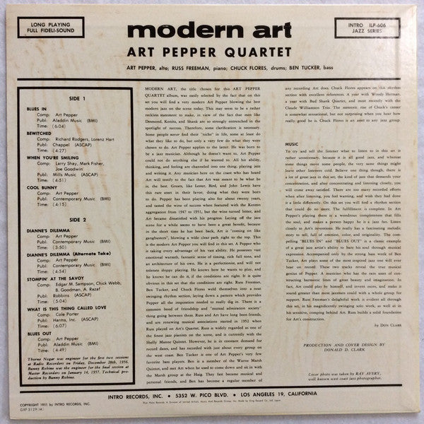 Art Pepper Quartet - Modern Art (Vinyl, LP, Album, Limited Edition, Reissue, Mono) Very Good Plus (VG+) / Very Good Plus (VG+)