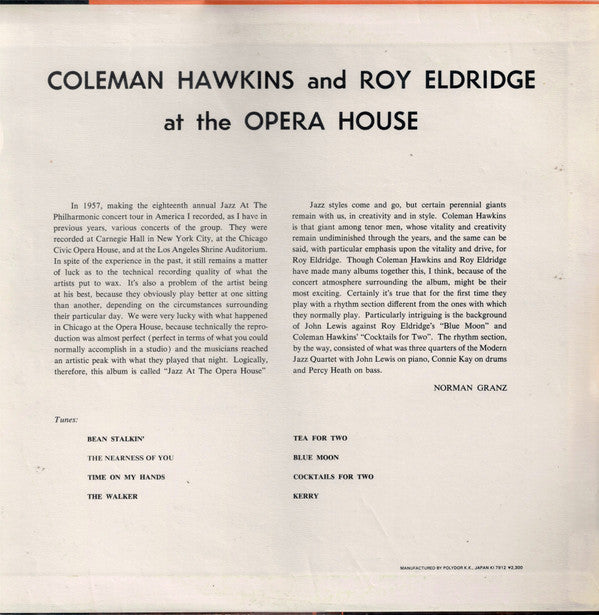 Coleman Hawkins - At The Opera House (Vinyl, LP, Album, Reissue, Stereo) Very Good Plus (VG+) / Very Good (VG)