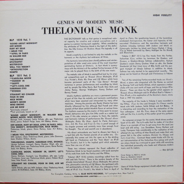Thelonious Monk - Genius Of Modern Music Volume 2 (Vinyl, LP, Compilation, Mono, Reissue) Very Good (VG) / Very Good (VG)