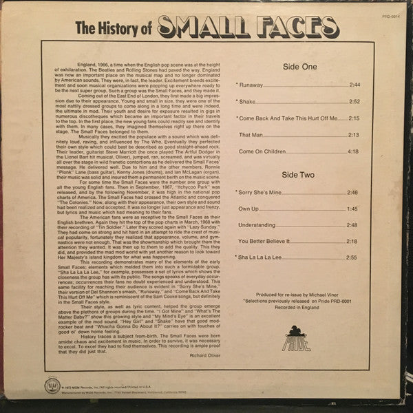 Small Faces - The History Of Small Faces (Vinyl, LP, Compilation) Very Good (VG) / Good Plus (G+)