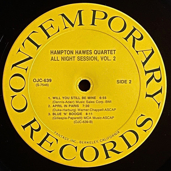 Hampton Hawes Quartet - All Night Session, Vol. 2 (Vinyl, LP, Album, Reissue, Remastered) Very Good Plus (VG+) / Very Good Plus (VG+)