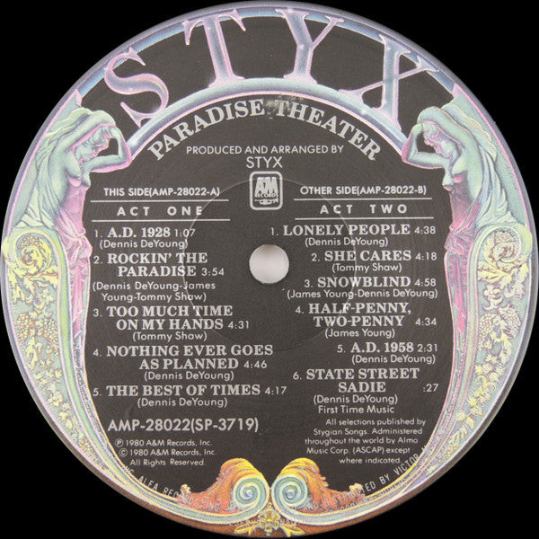 Styx - Paradise Theatre (Vinyl, LP, Album, Etched, Stereo) Very Good Plus (VG+) / Very Good (VG)