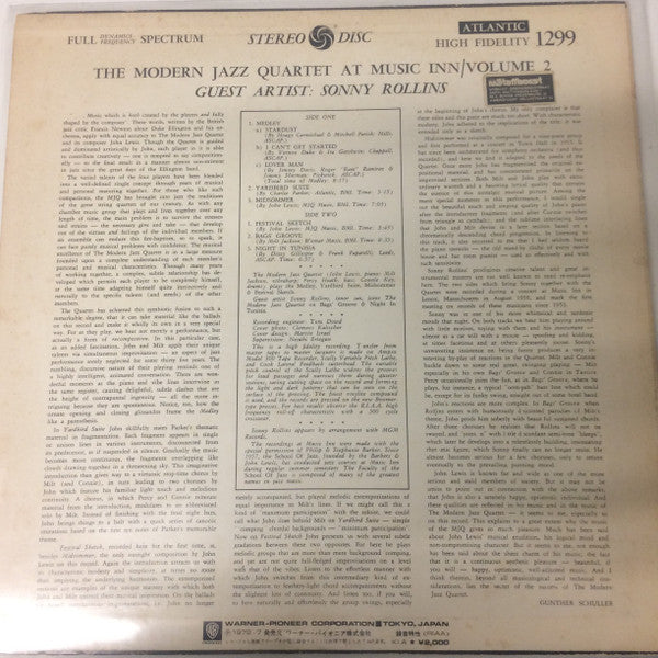 The Modern Jazz Quartet - The Modern Jazz Quartet At Music Inn —  Volume 2 (Vinyl, LP, Album, Stereo, Reissue) Near Mint (NM or M-) / Very Good Plus (VG+)
