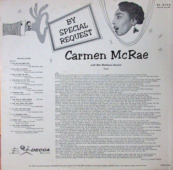 Carmen McRae - By Special Request (Vinyl, LP, Album, Reissue, Mono) Very Good Plus (VG+) / Good Plus (G+)