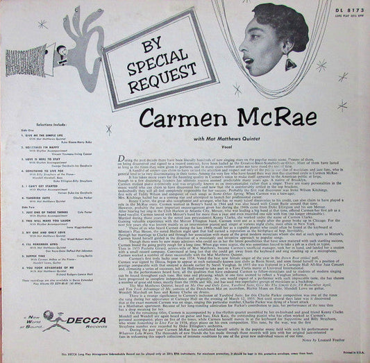 Carmen McRae - By Special Request (Vinyl, LP, Album, Reissue, Mono) Very Good Plus (VG+) / Good Plus (G+)