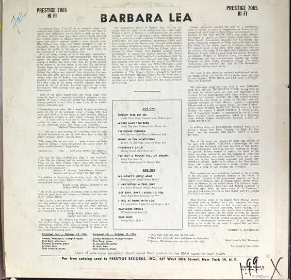 Barbara Lea - Barbara Lea With The Johnny Windhurst Quintets (Vinyl, LP, Album, Mono) Good Plus (G+) / Good Plus (G+)