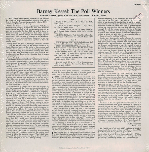 Barney Kessel - The Poll Winners (Vinyl, LP, Album, Reissue, Stereo) Very Good (VG) / Very Good Plus (VG+)