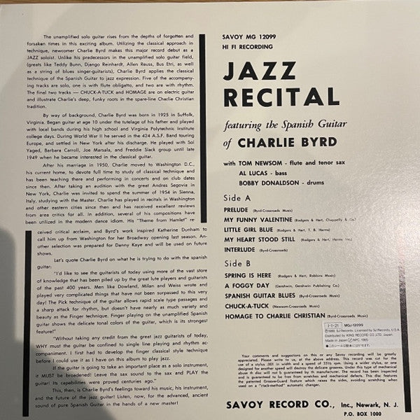 Charlie Byrd - Jazz Recital (Vinyl, LP, Album) Very Good Plus (VG+) / Very Good Plus (VG+)