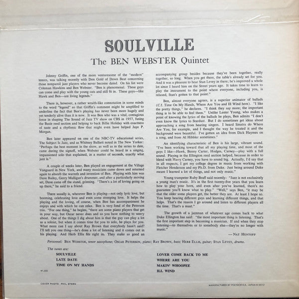 The Ben Webster Quintet - Soulville (Vinyl, LP, Album, Reissue, Mono) Very Good Plus (VG+) / Very Good (VG)