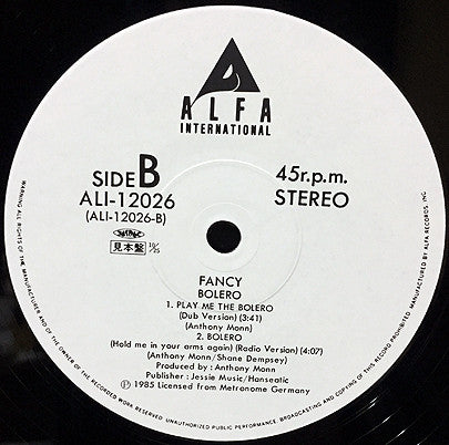 Fancy - Bolero (Hold Me In Your Arms Again) (Vinyl, 12", 45 RPM, Promo) Near Mint (NM or M-) / Very Good Plus (VG+)
