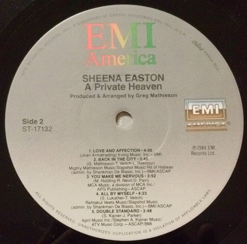 Sheena Easton - A Private Heaven (Vinyl, LP, Album, Stereo) Good Plus (G+) / Good Plus (G+)
