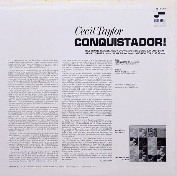 Cecil Taylor - Conquistador! (Vinyl, LP, Album, Stereo, Reissue) Near Mint (NM or M-) / Very Good Plus (VG+)