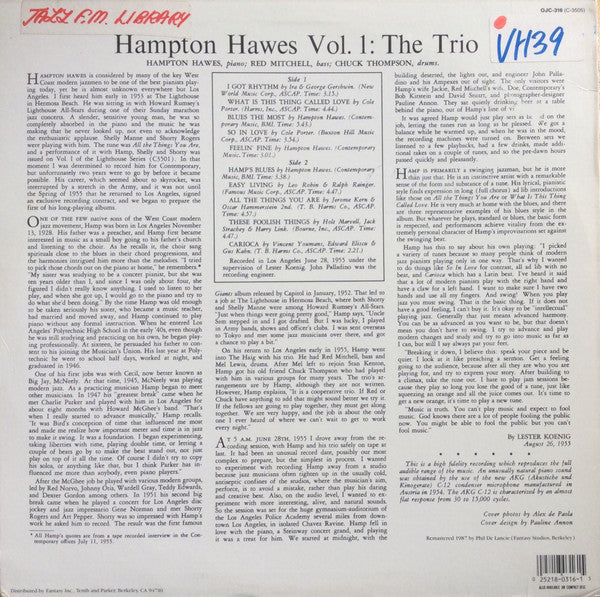 Hampton Hawes Trio - Hampton Hawes Trio, Vol. 1 (Vinyl, LP, Album, Reissue, Mono) Very Good (VG) / Very Good (VG)
