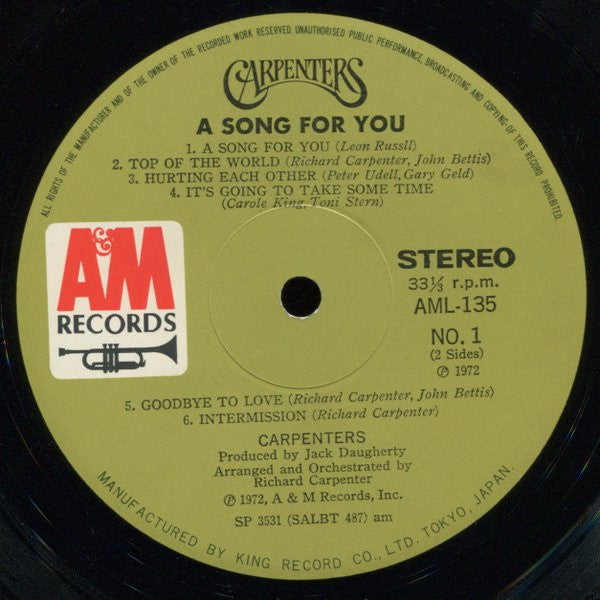 Carpenters - A Song For You (Vinyl, LP, Album, Stereo)