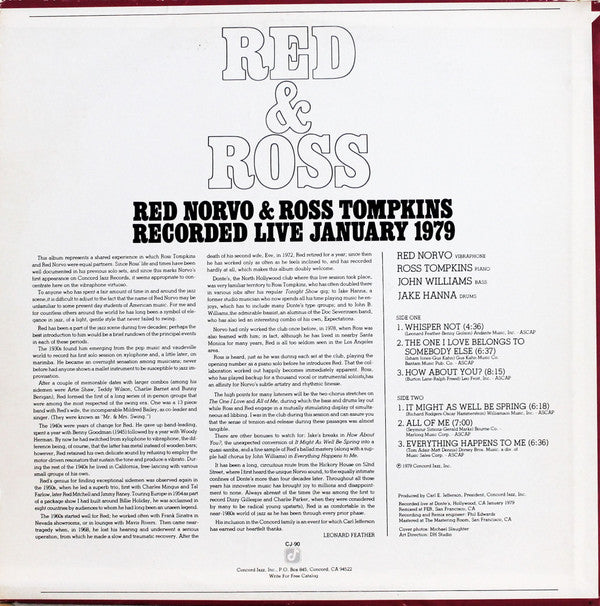 Red Norvo - Red & Ross Recorded Live January 1979 (Vinyl, LP, Album) Very Good (VG) / Very Good Plus (VG+)