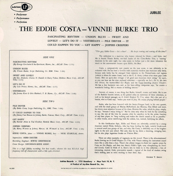 Eddie Costa - Vinnie Burke Trio - Eddie Costa - Vinnie Burke Trio (Vinyl, LP, Album, Reissue, Mono) Near Mint (NM or M-) / Very Good Plus (VG+)