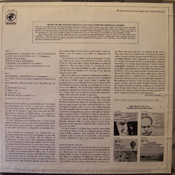 Glenn Gould - Piano Concerto No. 1, Piano Sonata Op. 14 No. 1 (Vinyl, LP, Compilation) Very Good Plus (VG+) / Very Good Plus (VG+)