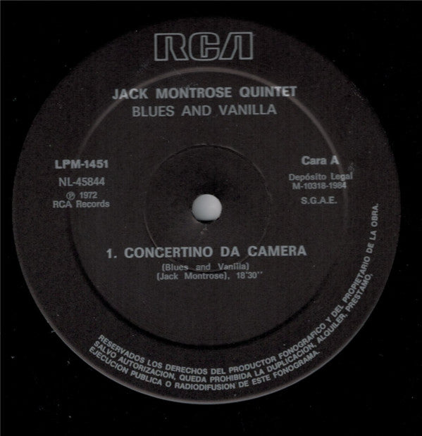 The Jack Montrose Quintet - Blues And Vanilla (Vinyl, LP, Album, Reissue, Mono) Very Good Plus (VG+) / Very Good (VG)