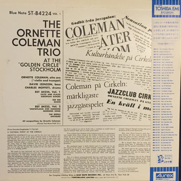 The Ornette Coleman Trio - At The "Golden Circle" Stockholm - Volume One (Vinyl, LP, Album, Reissue, Stereo) Very Good Plus (VG+) / Very Good (VG)