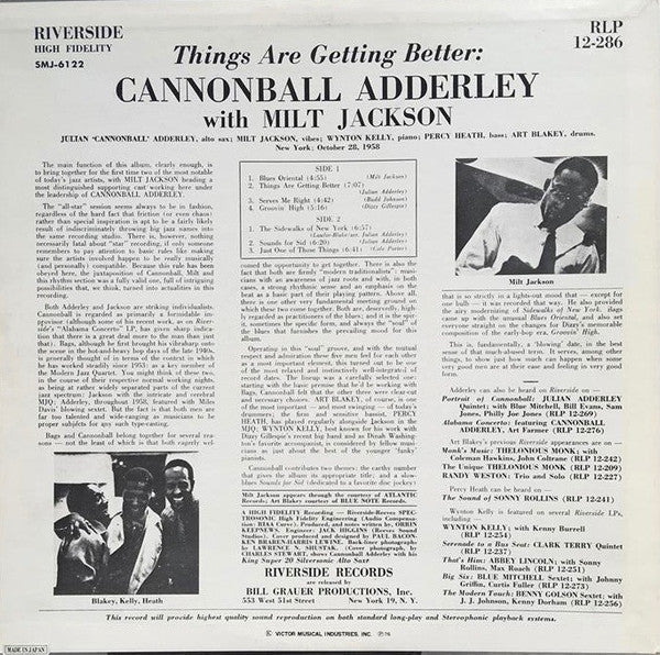 Cannonball Adderley - Things Are Getting Better (Vinyl, LP, Album, Reissue, Stereo) Very Good (VG) / Very Good (VG)