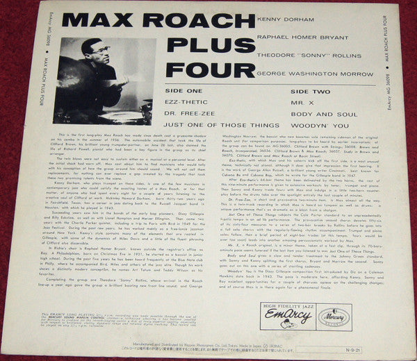 Max Roach - +4 (Vinyl, LP, Album, Reissue, Mono) Very Good (VG) / Very Good Plus (VG+)