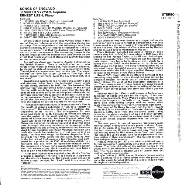 Jennifer Vyvyan - Songs Of England (Vinyl, LP, Reissue, Remastered, Stereo) Very Good (VG) / Very Good (VG)