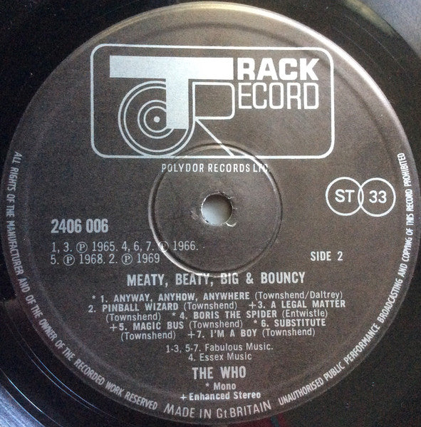 The Who - Meaty Beaty Big & Bouncy (Vinyl, LP, Compilation, Reissue, Repress, Stereo, Mono) Very Good Plus (VG+) / Good Plus (G+)