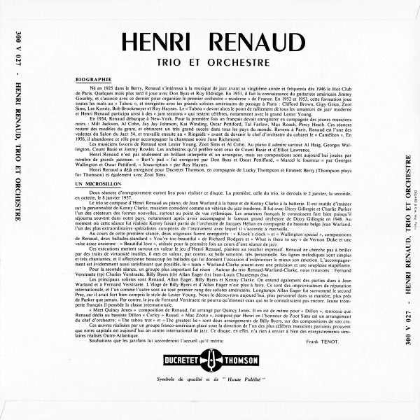 Henri Renaud Et Son Orchestre - Henri Renaud Et Son Orchestre (Trio Et Octette) (Vinyl, LP, Limited Edition, Reissue, Remastered, Mono) Near Mint (NM or M-) / Near Mint (NM or M-)