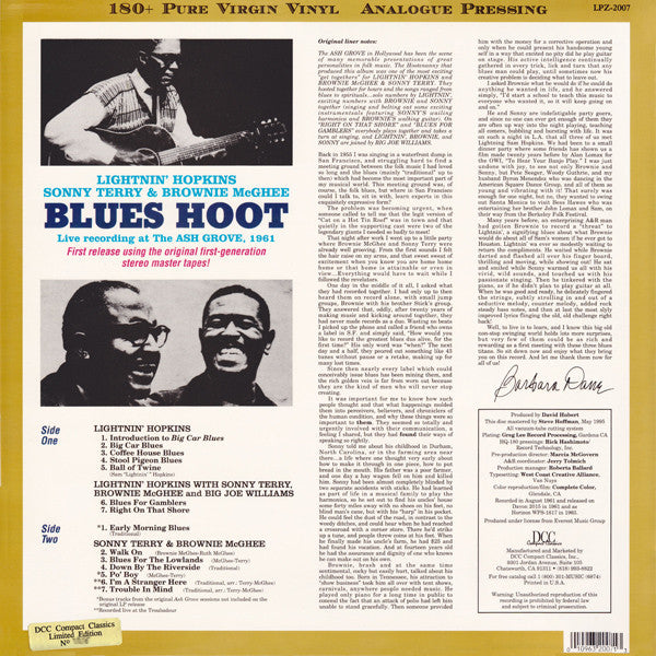 Lightnin' Hopkins - Blues Hoot Live Recording At 'The Ash Grove' (Vinyl, LP, Album, Limited Edition, Numbered, Reissue, Remastered, Stereo) Mint (M) / Mint (M)
