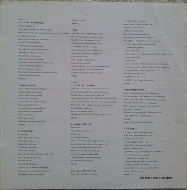 Sarah Vaughan - Sarah Vaughan (Vinyl, LP, Album, Reissue, Mono)