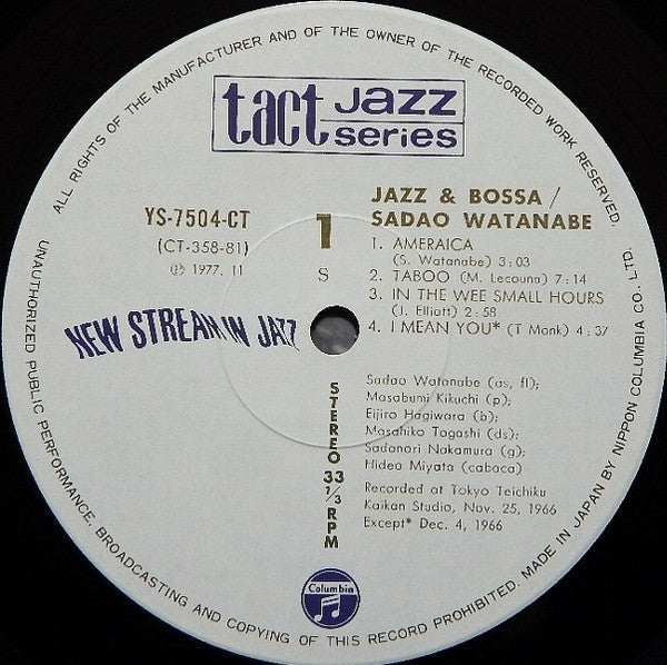 Sadao Watanabe Quartet - Jazz & Bossa (Vinyl, LP, Album, Reissue, Stereo) Very Good (VG) / Good Plus (G+)