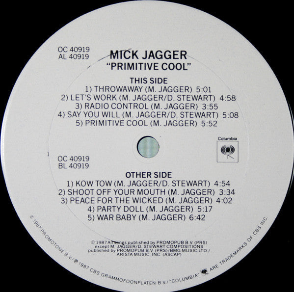 Mick Jagger - Primitive Cool (Vinyl, LP, Album, Stereo) Very Good (VG) / Very Good (VG)