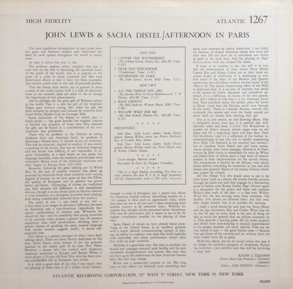 John Lewis (2) - Afternoon In Paris (Vinyl, LP, Album, Reissue, Mono) Good Plus (G+) / Very Good (VG)