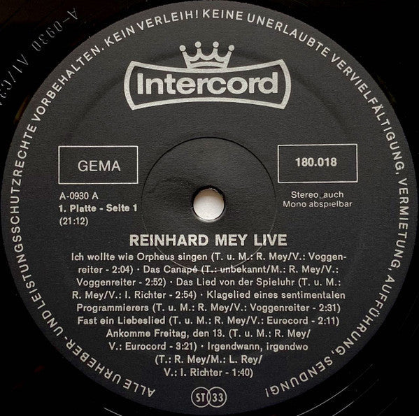 Reinhard Mey - Live (2xVinyl, LP, Album) Very Good Plus (VG+) / Very Good (VG)