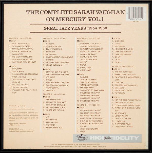 Sarah Vaughan - The Complete Sarah Vaughan On Mercury Vol. 1 - Great Jazz Years; 1954-1956 (6xVinyl, Box Set, LP, Compilation, Remastered, Mono) Near Mint (NM or M-) / Very Good Plus (VG+)