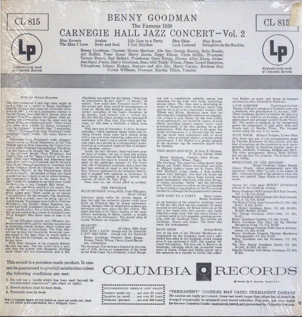 Benny Goodman - The Famous 1938 Carnegie Hall Jazz Concert - Vol. 2 (Vinyl, LP, Album, Reissue, Repress, Mono) Very Good (VG) / Good Plus (G+)