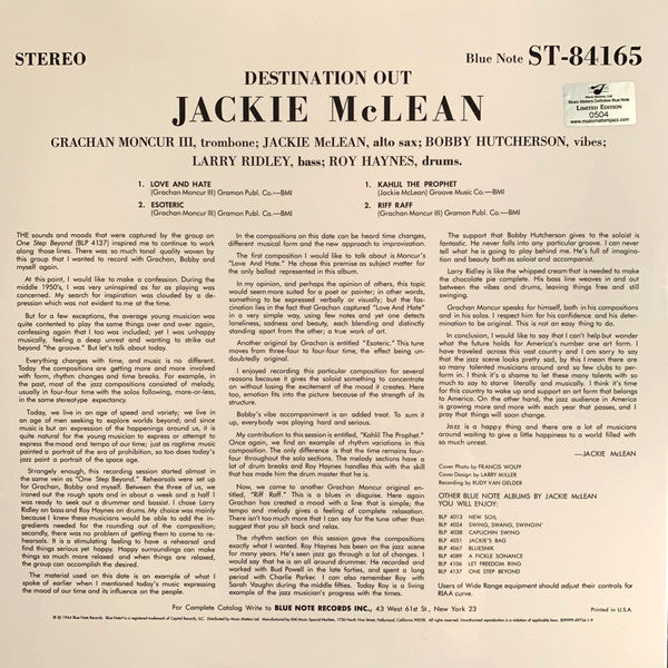 Jackie McLean - Destination... Out! (2xVinyl, 12", 45 RPM, Album, Limited Edition, Reissue, Remastered, Stereo) Very Good (VG) / Very Good Plus (VG+)