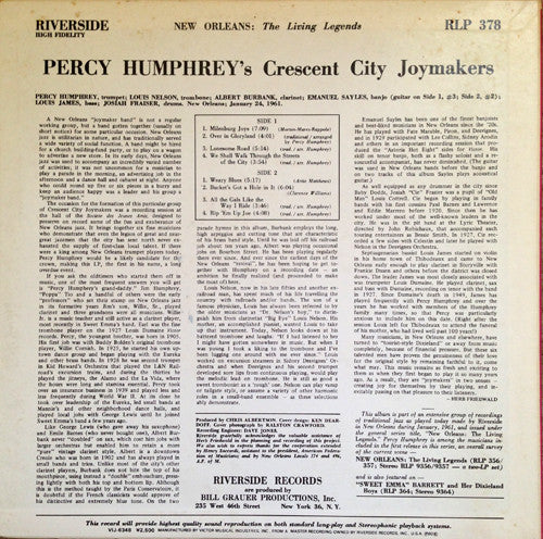 Percy Humphrey And His Crescent City Joymakers - Percy Humphrey's Crescent City Joy Makers (Vinyl, LP, Album, Reissue, Stereo) Very Good Plus (VG+) / Very Good Plus (VG+)